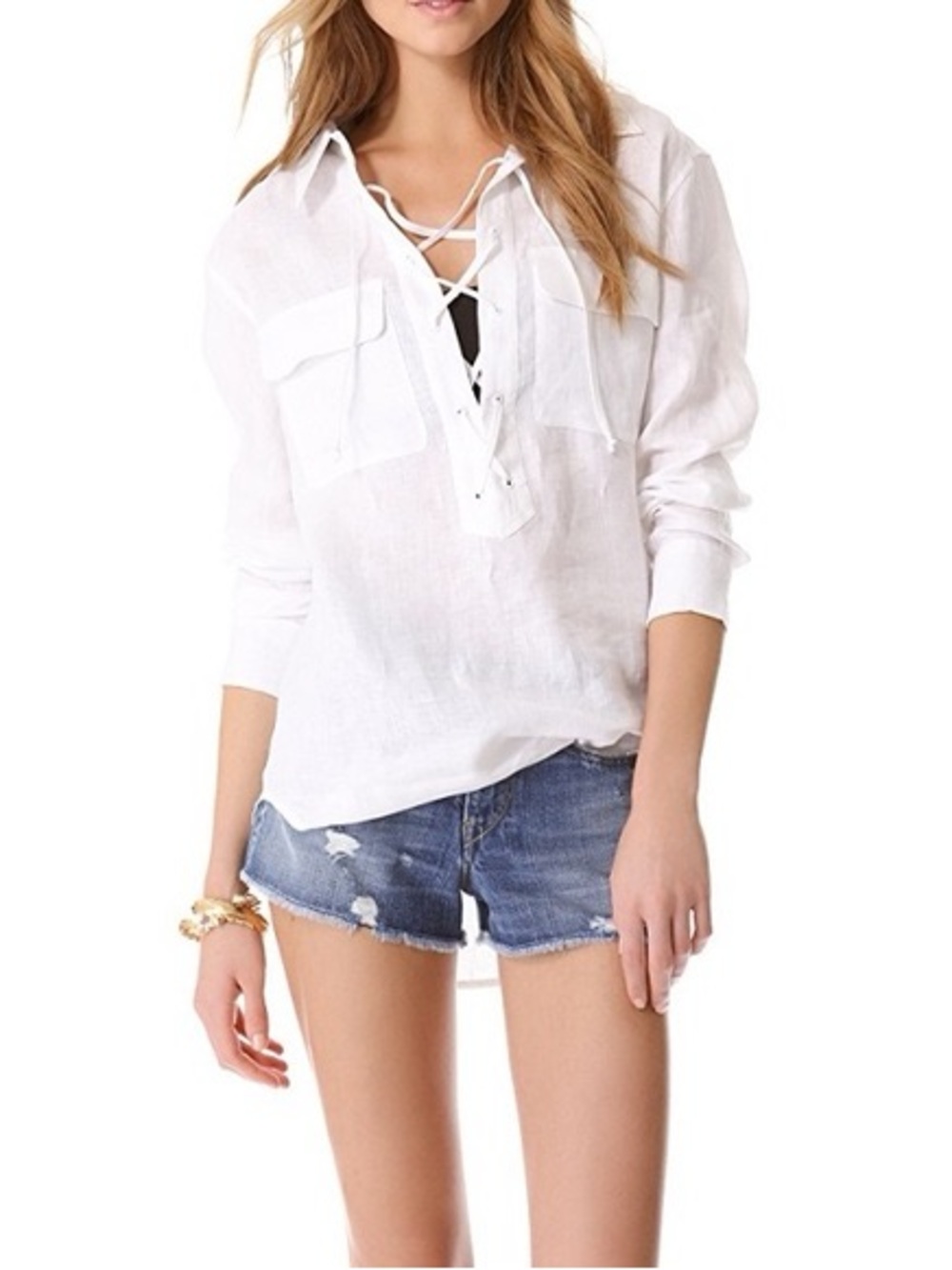 RD Style Women’s Sz Medium Lace Up Top Long Sleeve Collared Chest Pockets Cotton